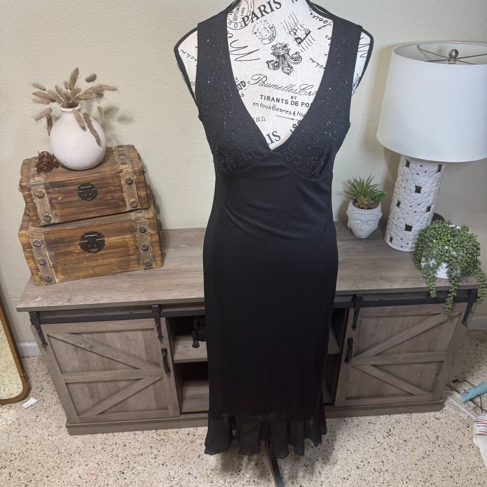 Vintage PS Per Seption Black Beaded Midi Dress Ruffle Y2k 90's Whimsygoth Size M